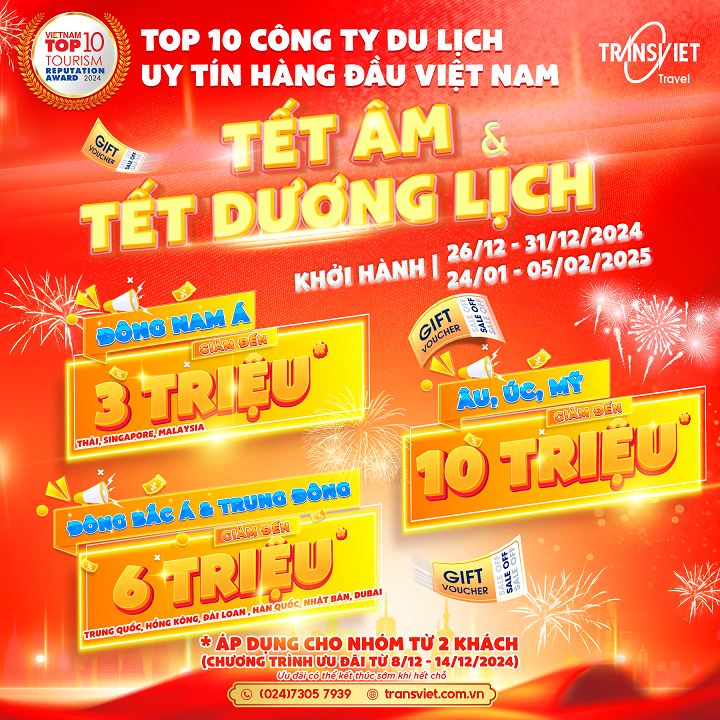 Giảm nhóm đến 10 triệu tour Tết Dương & Âm lịch 