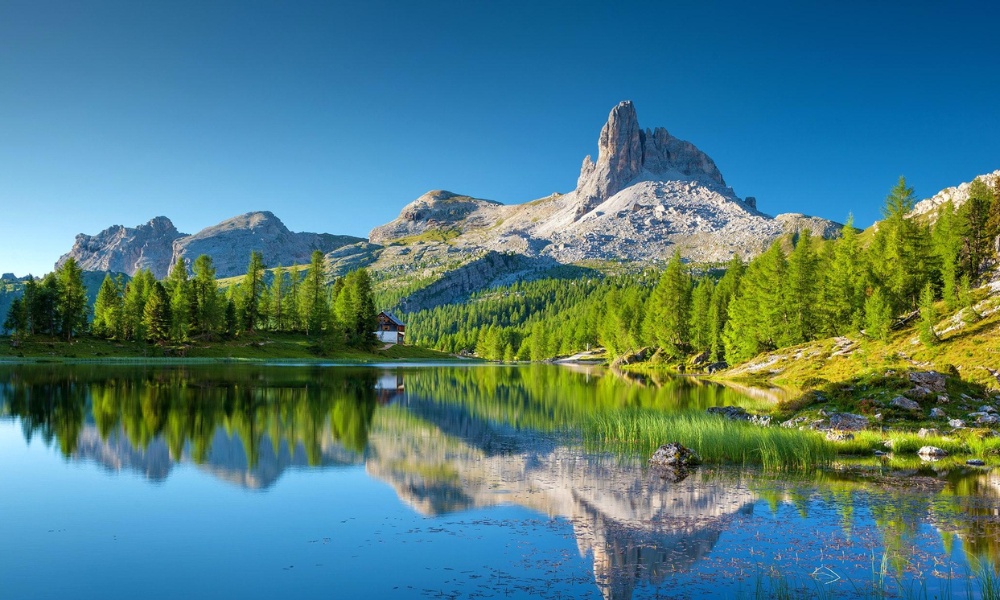 Khung cảnh giao mùa tuyệt đẹp ở dãy Alps với núi tuyết trắng và thung lũng cỏ xanh