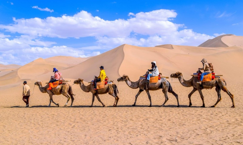 Cưỡi lạc đà trên sa mạc Mingsha Shan mang đến trải nghiệm độc đáo tại Đôn Hoàng.