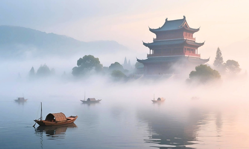 Khung cảnh huyền ảo bên hồ Động Đình trong làn sương sớm, thuyền nan trôi lặng lẽ trước mái lầu cổ kính