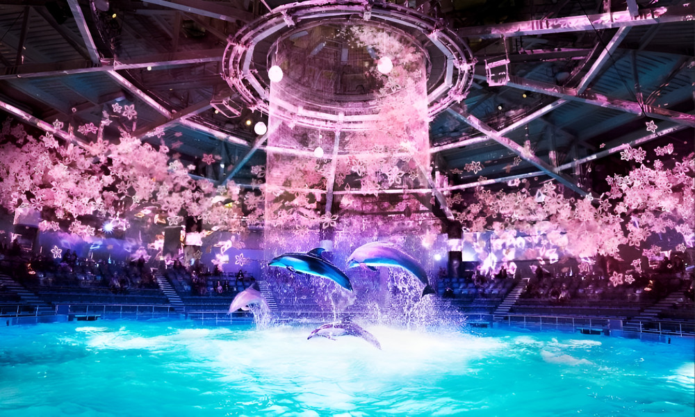 Màn trình diễn cá heo kết hợp công nghệ chiếu sáng theo chủ đề mùa xuân tại Maxell Aqua Park Shinagawa