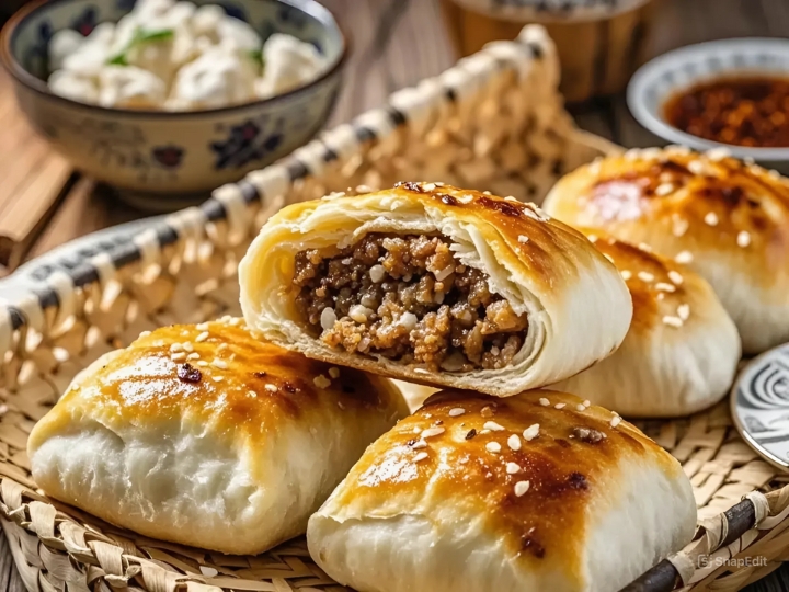 Bánh bao nướng vàng ươm, thơm lừng, nhân thịt mọng nước hấp dẫn.