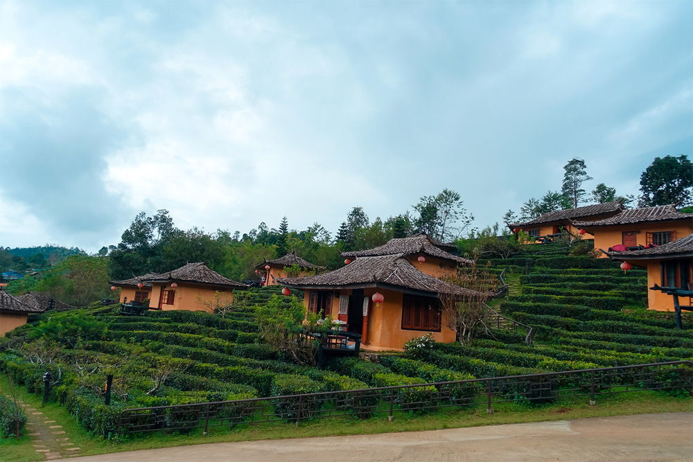 Một góc làng Ban Rak Thai với mái ngói cong, biển hiệu tiếng Trung và nét kiến trúc cổ kính